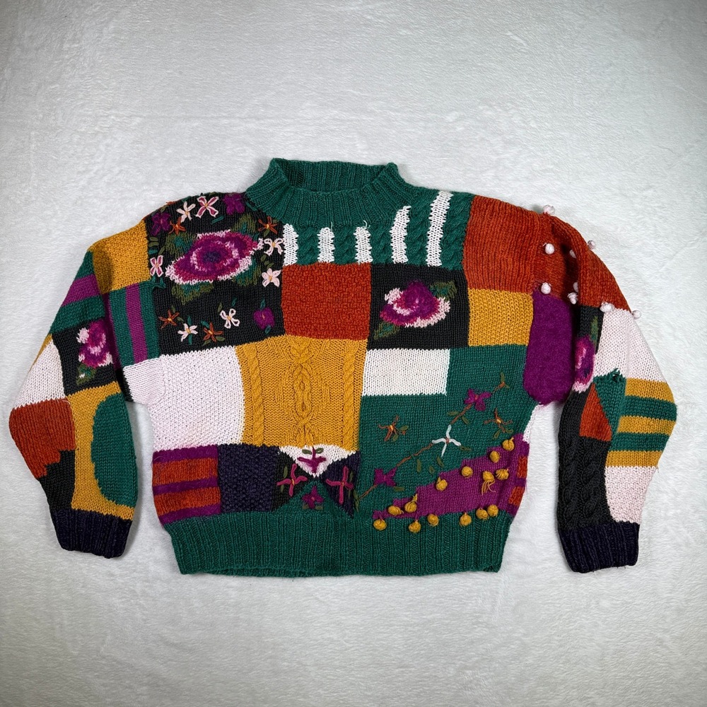 Vintage Jennifer Reed Patchwork Floral Embroidered Mock Neck Sweater Size‎ M